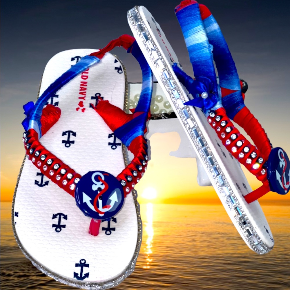 Old Navy Anchor Flip Flops Youth Size 10, Boutique Child Sandals, Summer Shoes